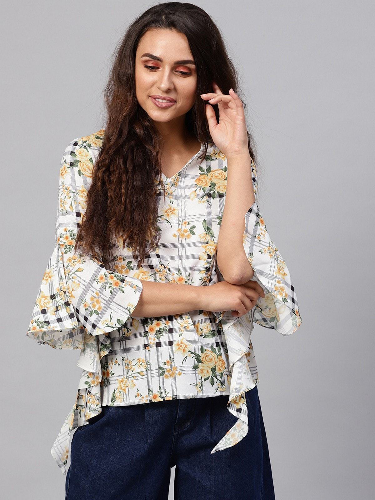 Women's Floral Stripes Printed Flare Sleeves Top - Pannkh