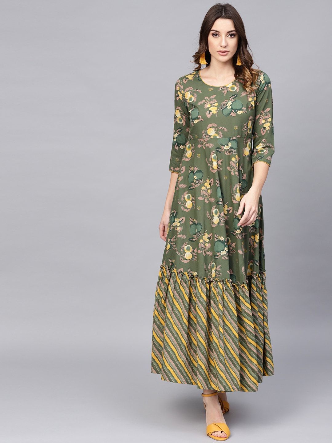 Women's  Green & Yellow Floral Printed Maxi Dress - AKS