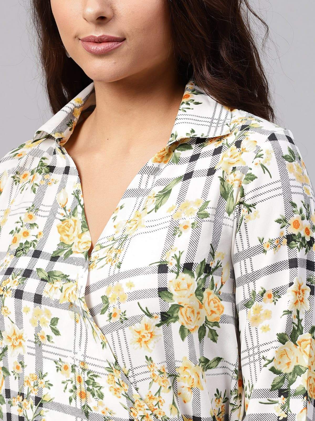 Women's Floral Overlap Collar Top - Pannkh