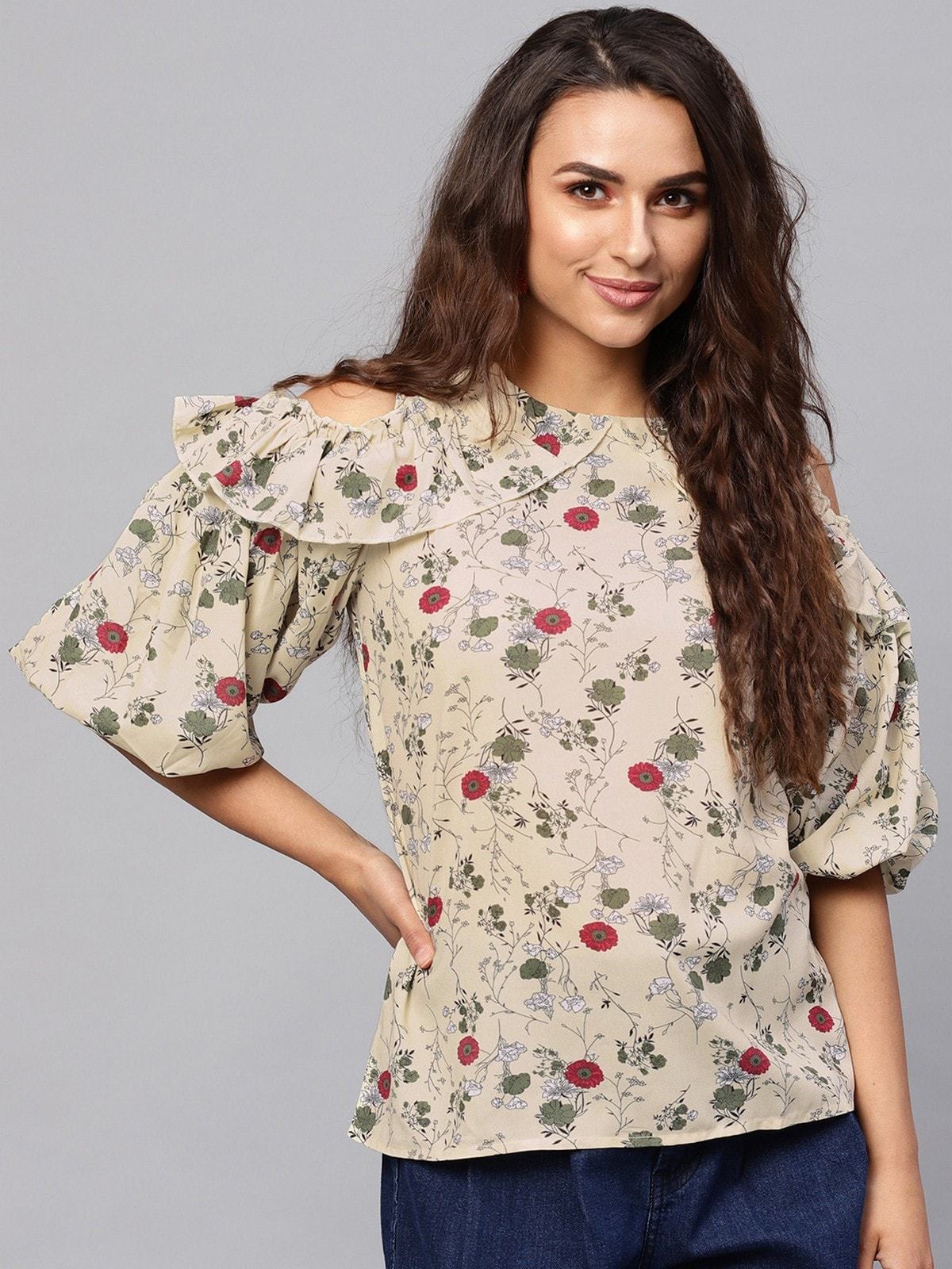 Women's Floral Cold-Shoulder Top With Voluminous Sleeves - Pannkh