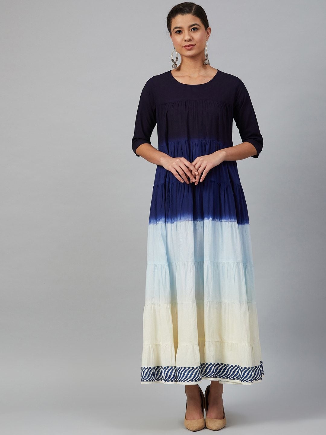 Women's Blue & Off-White Dyed Tiered A-Line Kurta - Meeranshi
