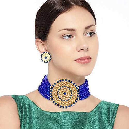 Women's Gold Plated Blue Light Weight Pearl Beaded Choker Necklace Jewellery Set - i jewels