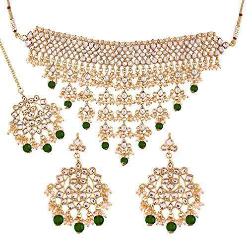 Women's Gold Plated Green Kundan & Pearl Studded Choker Necklace Set with Earrings & Maang Tikka - i jewels