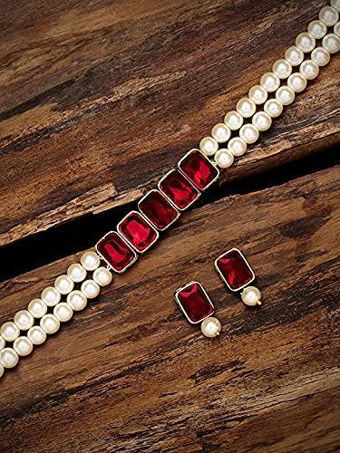 Women's Gold Plated Traditional Green Crystal Stone Pearl Studded Choker Necklace Set - i jewels