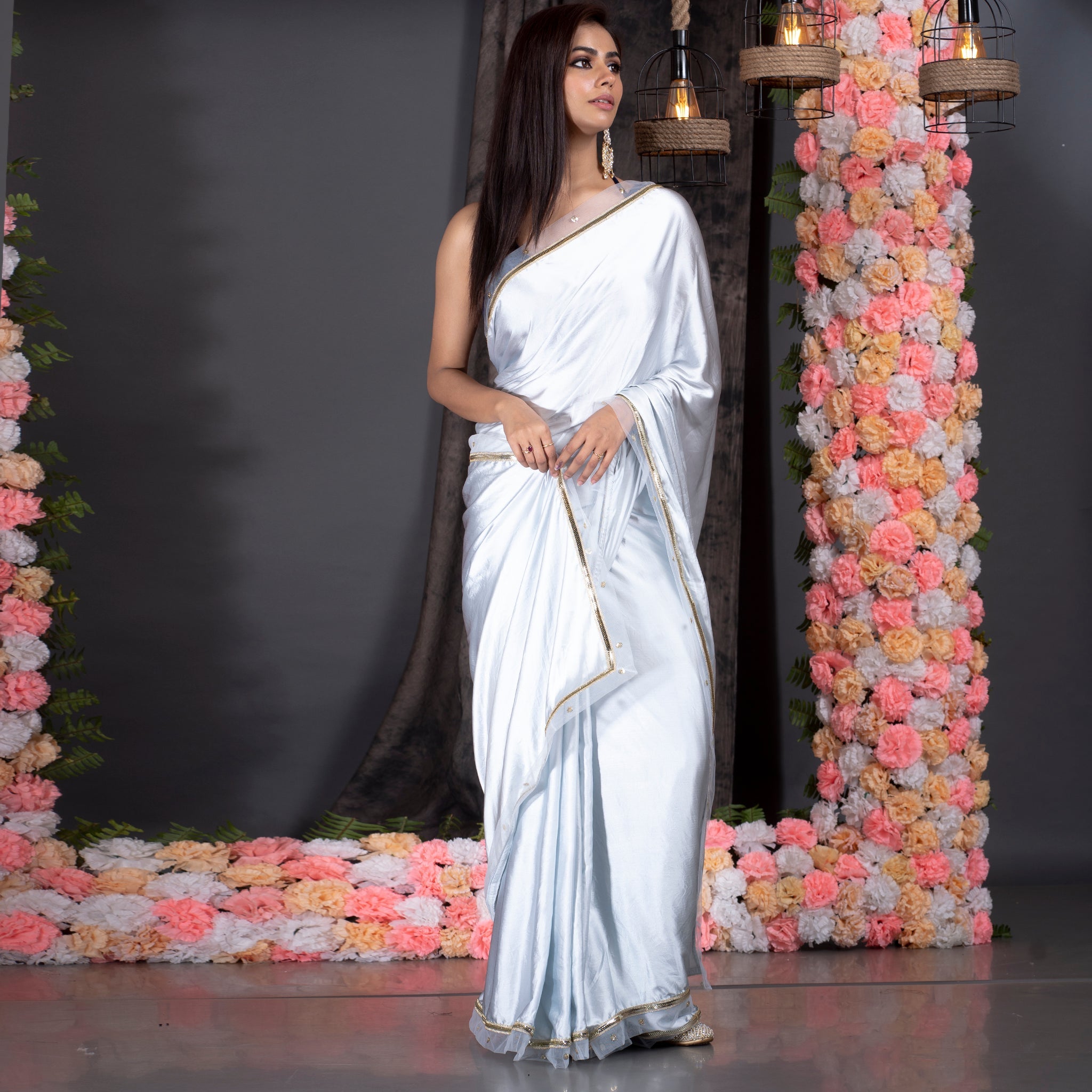 Women's Silver Grey Satin Saree With Embroidered Border - Boveee