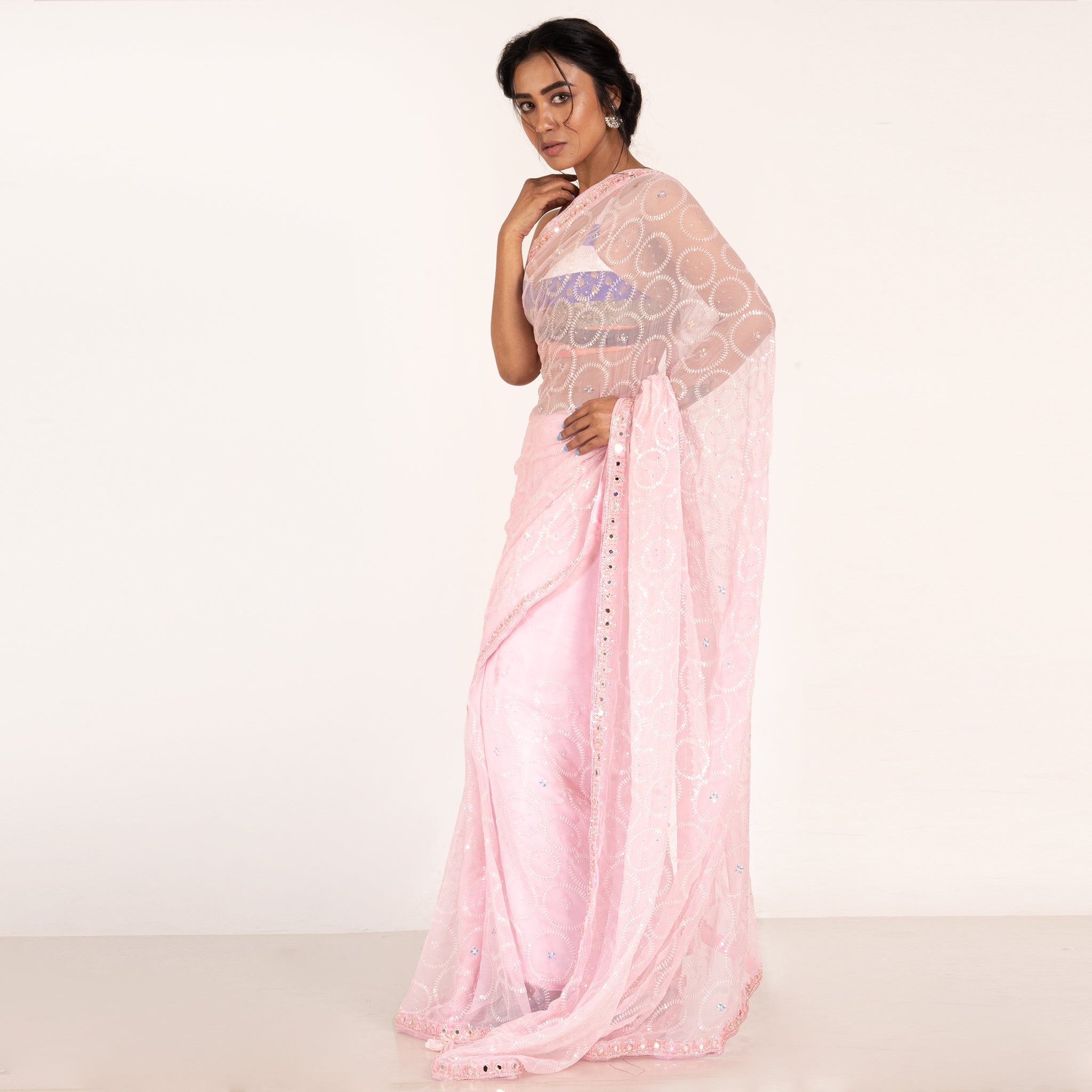 Women's Powder Pink Pure Chiffon Fully Embroidered Saree With Crystalisation - Boveee