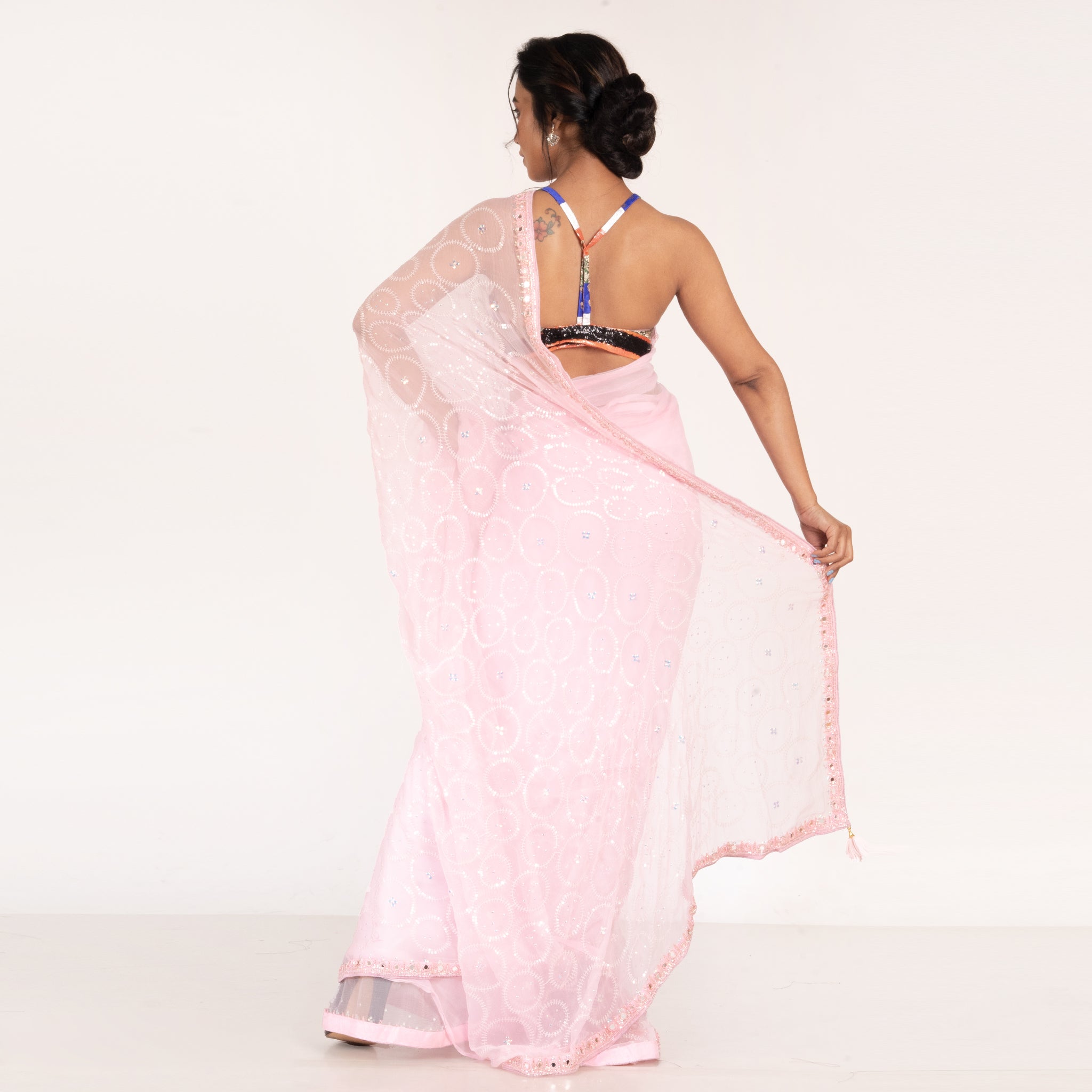 Women's Powder Pink Pure Chiffon Fully Embroidered Saree With Crystalisation - Boveee