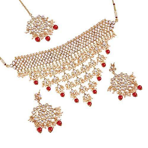 Women's Gold Plated Red Kundan & Pearl Studded Choker Necklace Set with Earrings & Maang Tikka - i jewels