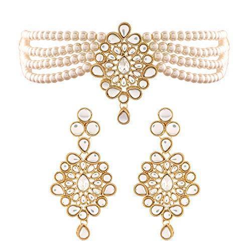 Women's Gold Plated White Kundan with Beads Choker Necklace Set - i jewels