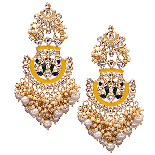 Women's 18K Gold Plated Traditional Handcrafted Meenakari Chandelier Earrings Glided With Pearl (E3008Y) - I Jewels