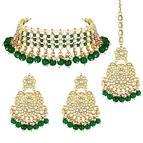 Women's Gold Plated Green Kundan & Pearl Studded Choker Necklace Set - i jewels