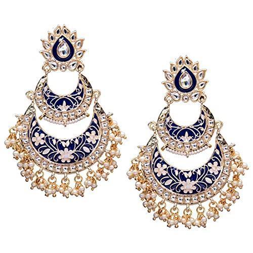 Women's Blue Gold Plated Meenakari Earrings Glided With Kundans & Pearls  - i jewels