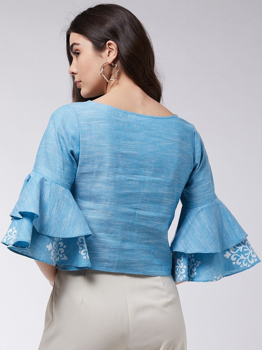 Women's Block Printed Chambray Top With Bell Sleeves - Pannkh