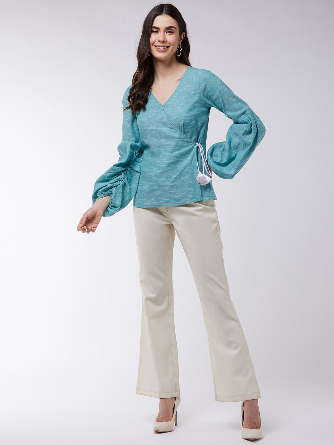 Women's Angarkha Style Extended Puff Sleeve Chambray Top - Pannkh