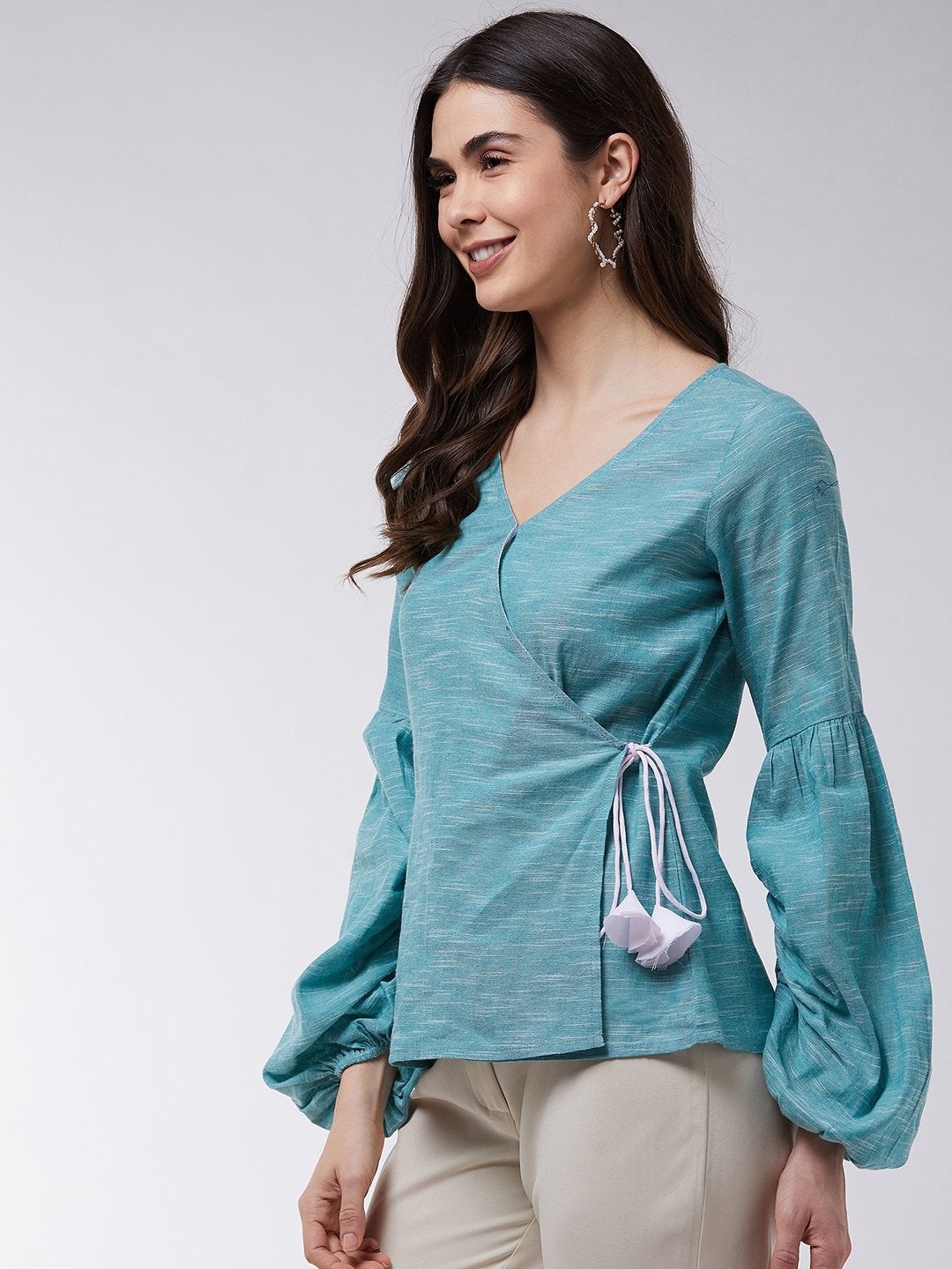 Women's Angarkha Style Extended Puff Sleeve Chambray Top - Pannkh