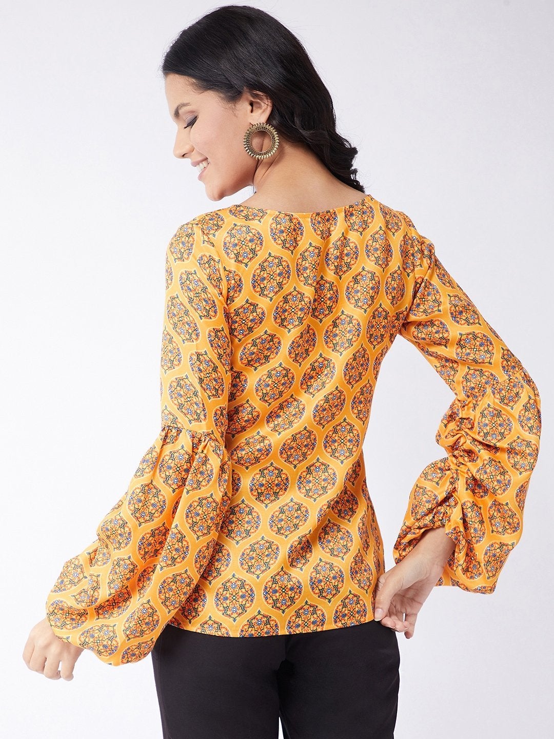 Women's Kasturi Digital Printed Overlap Puff Sleeves Top - Pannkh