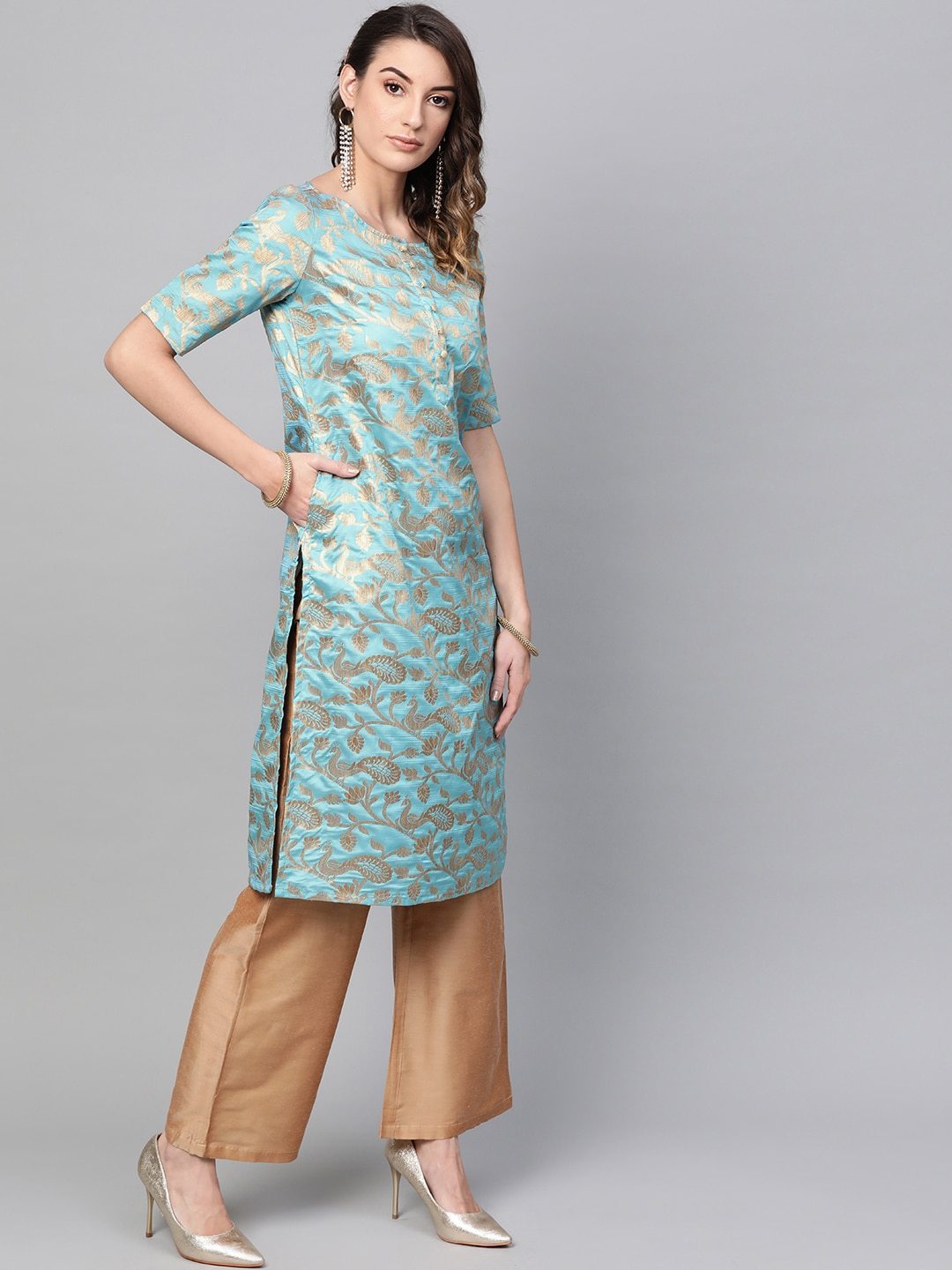 Women's  Blue & Golden Brocade Woven Design Straight Kurta - AKS