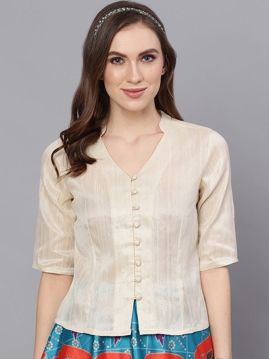 Women's Cream-Coloured Solid Shirt Style Top - AKS