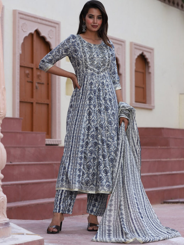 Women's Floral Printed Flared Kurta With Palazzos & Dupatta
