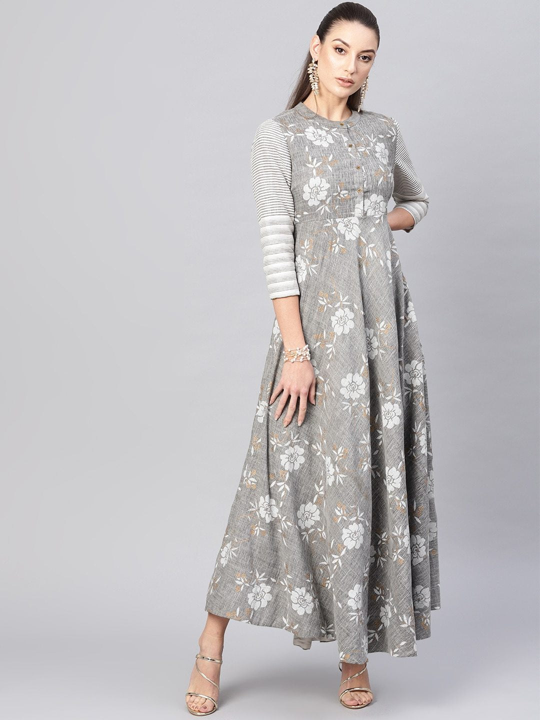 Women's  Grey & White Floral Print Maxi Dress - AKS
