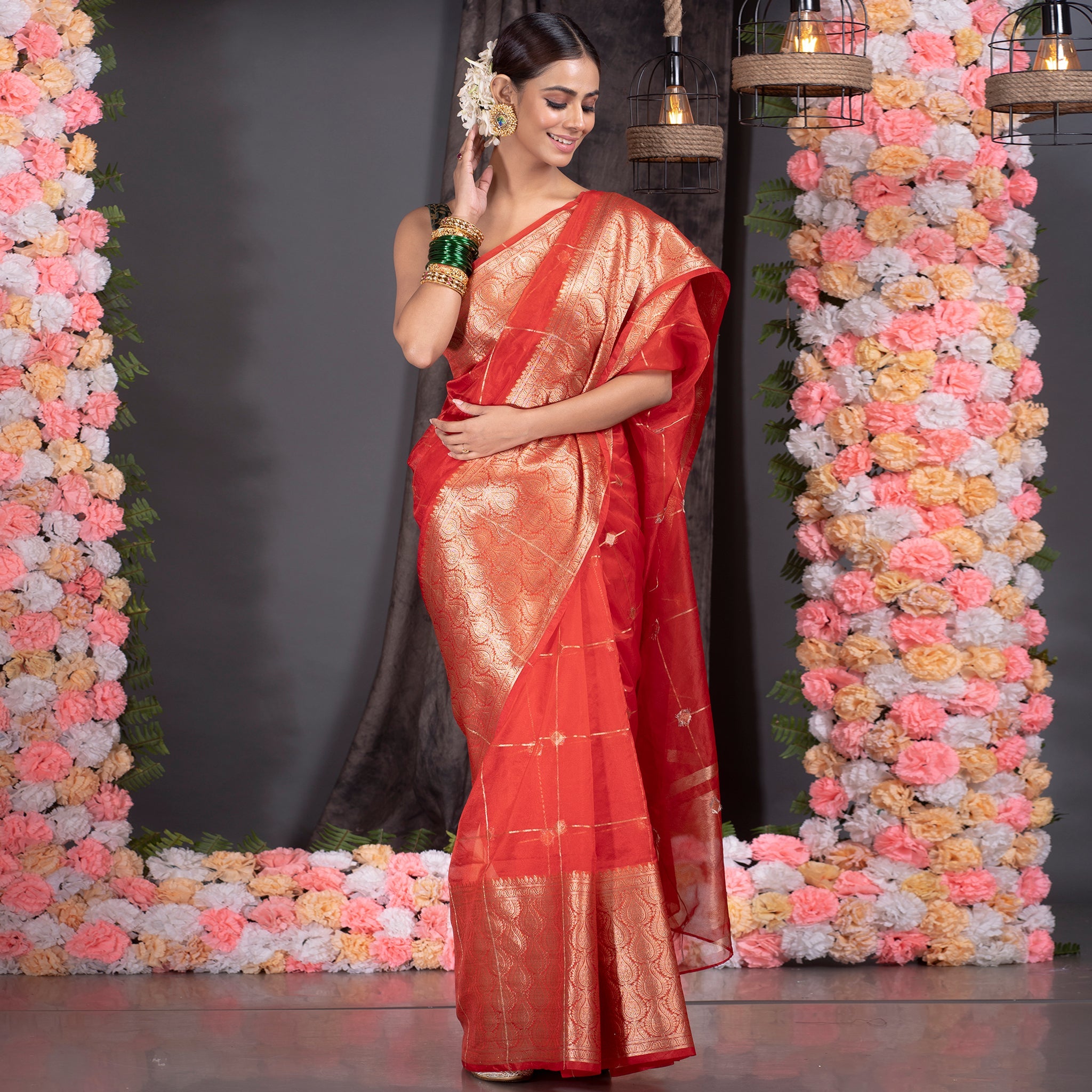 Women's Red Organza Saree With Square Motifs And Ambi Jaal Border - Boveee