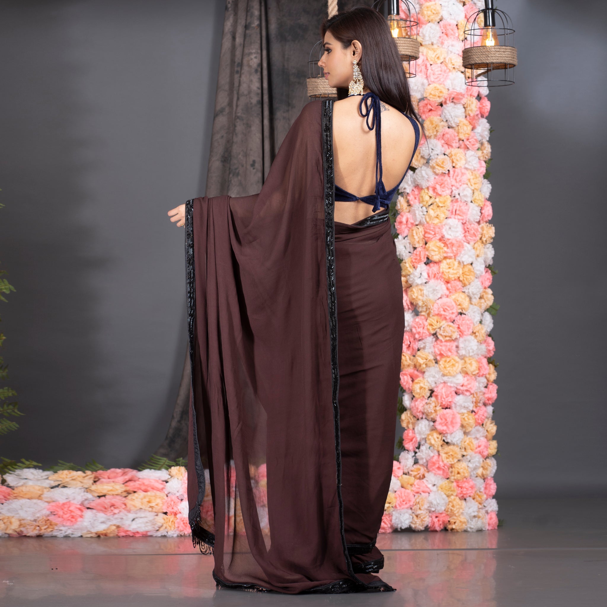 Women's Chocolate Brown Pure Georgette Hand Embroidered Black Lace With Fringes On Pallu - Boveee