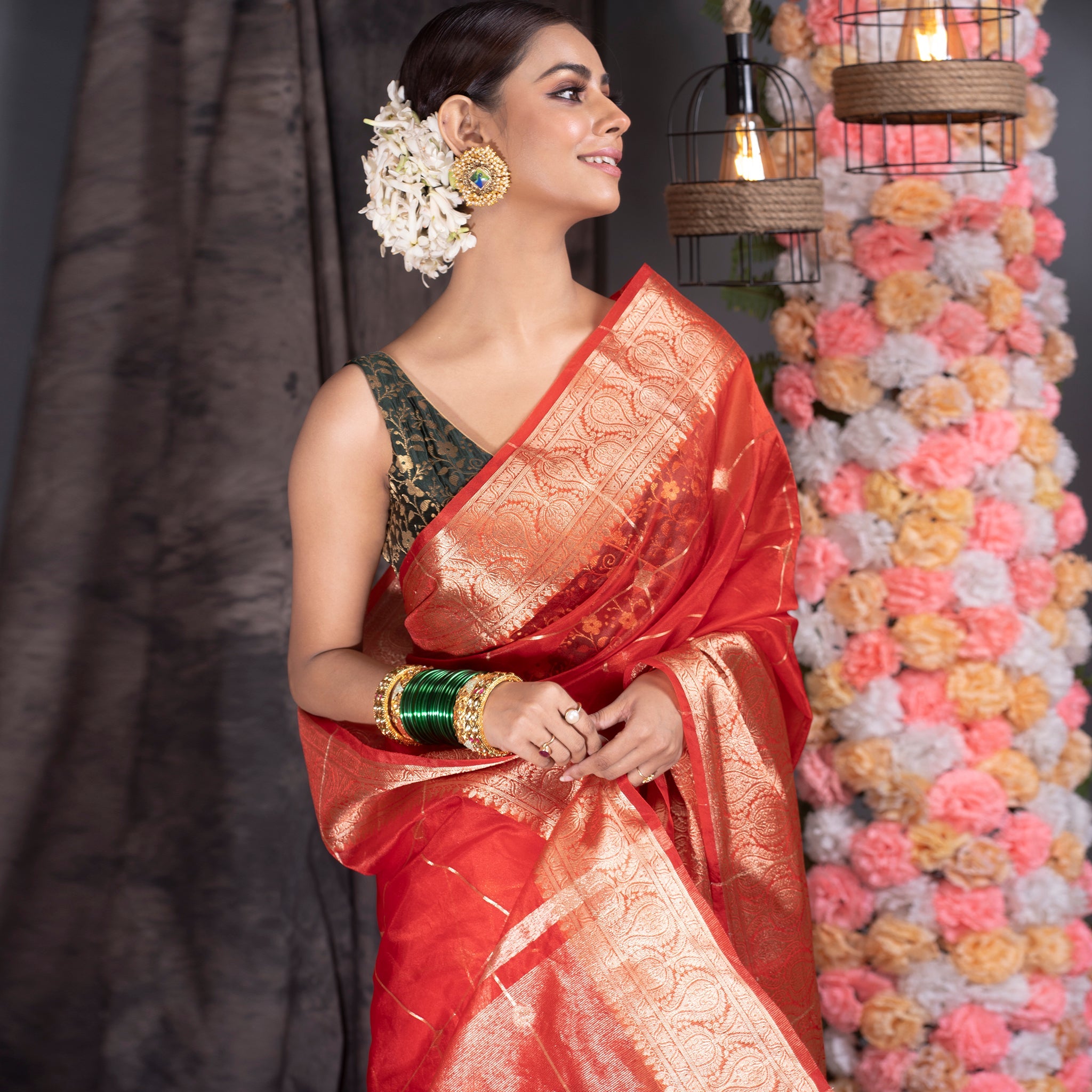 Women's Red Organza Saree With Square Motifs And Ambi Jaal Border - Boveee