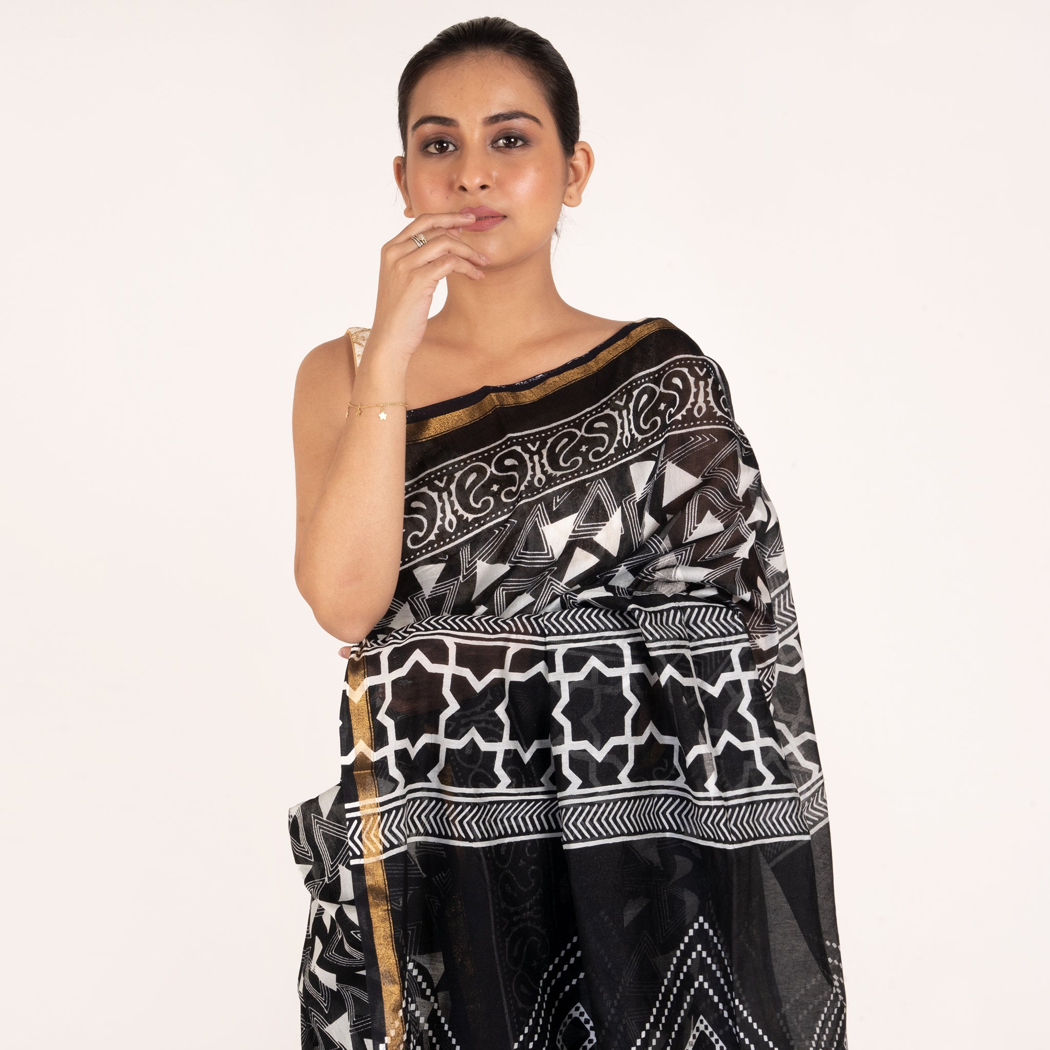 Women's Black And White Cotton Silk Chanderi Saree With Diamond Blockprint - Boveee