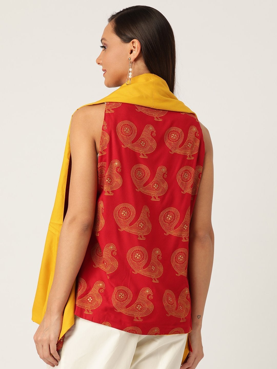Women's Reversible Shrug  Bird Print In Red &Yellow - InWeave