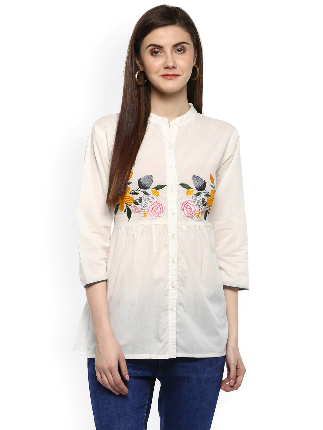 Women's  White Solid Shirt Style Top - Wahe-NOOR