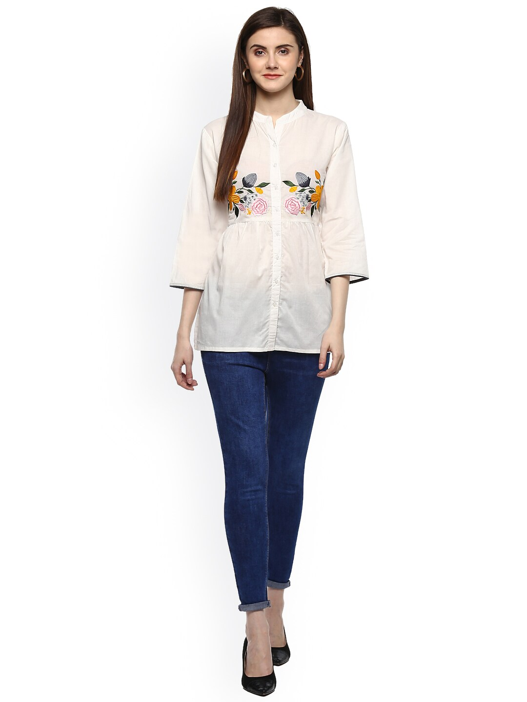 Women's  White Solid Shirt Style Top - Wahe-NOOR