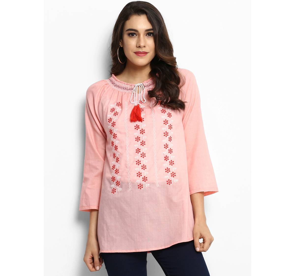 Women's  Peach-Coloured Embroidered A-Line Top - Wahe-NOOR
