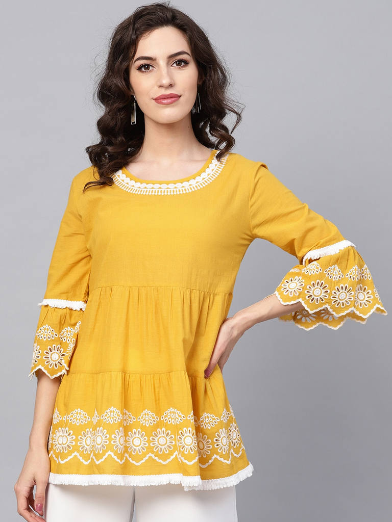 Women's  Mustard Yellow & White Solid Tiered Top