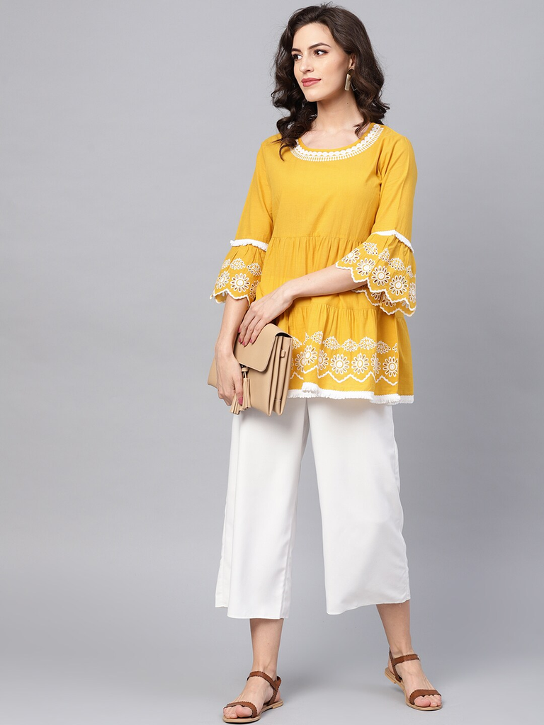 Women's  Mustard Yellow & White Solid Tiered Top