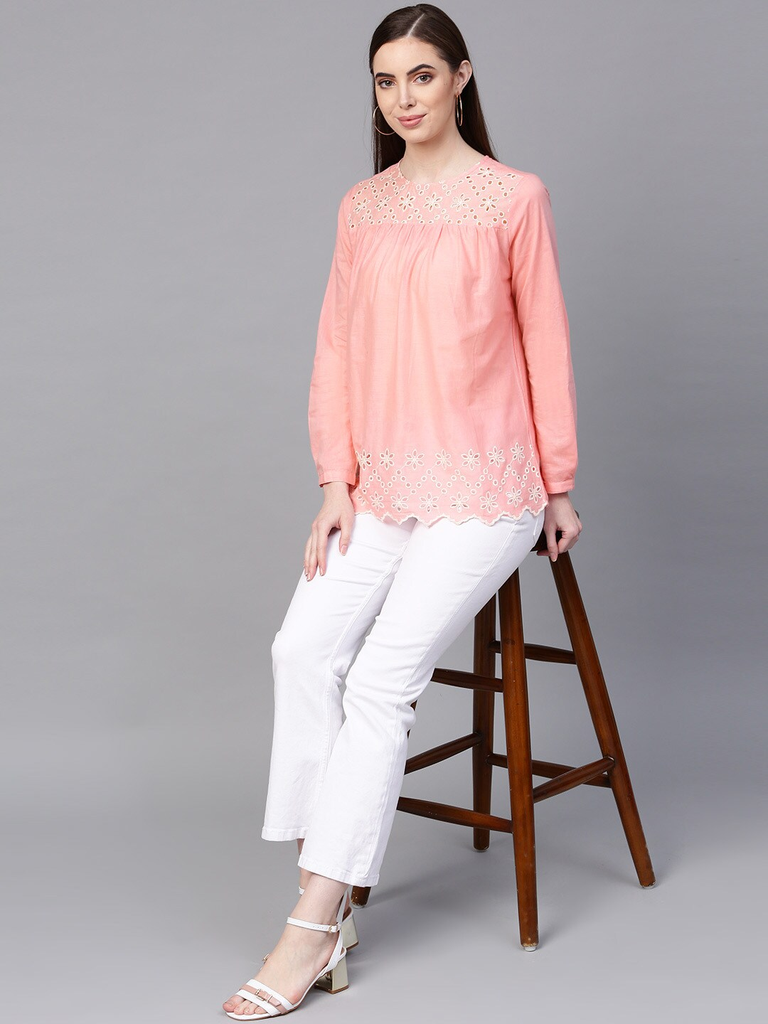 Women's  Pink Embroidered Detail Top