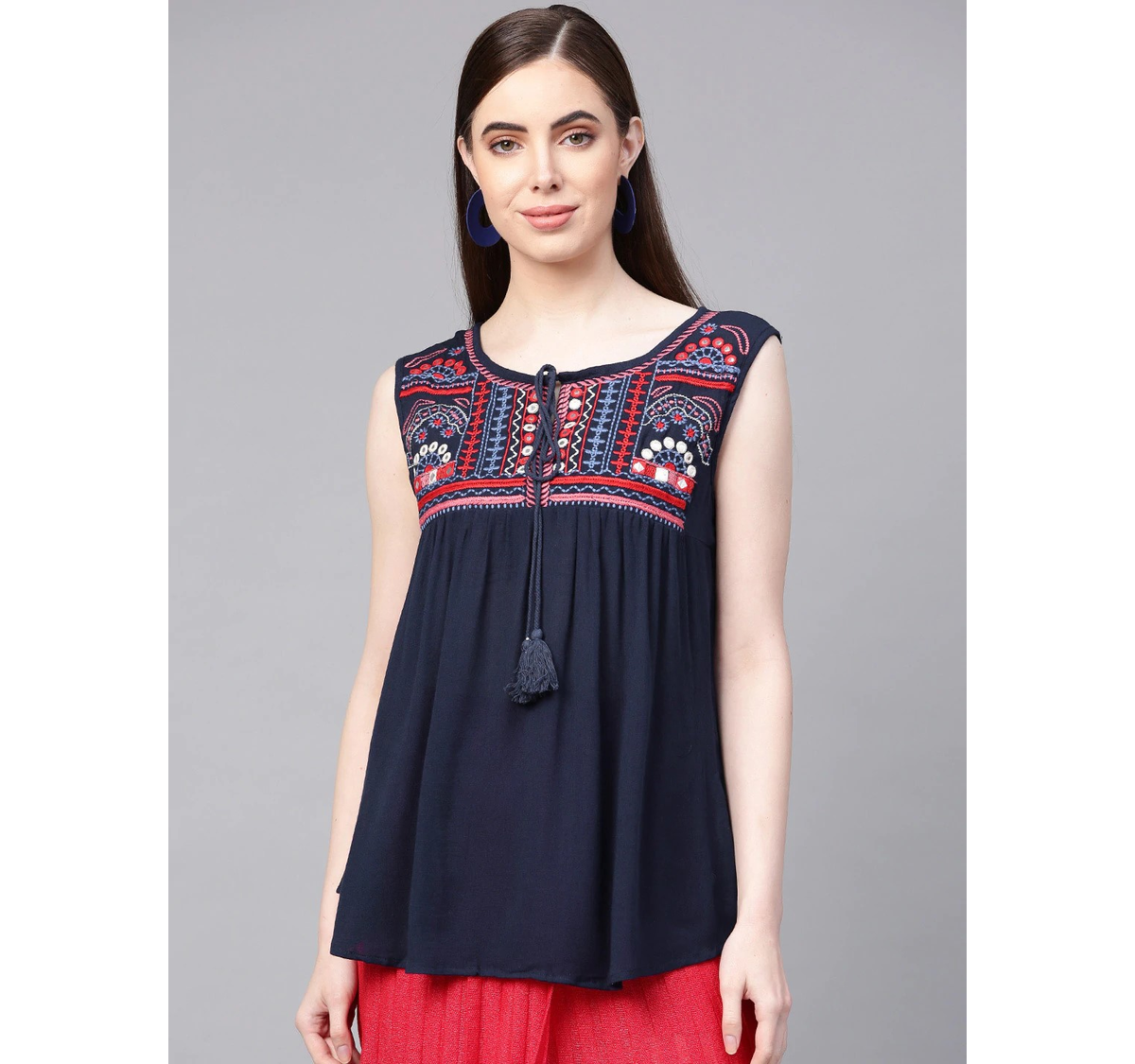 Women's  Navy Blue Embroidered Detail Solid A-Line Top - Wahe-NOOR