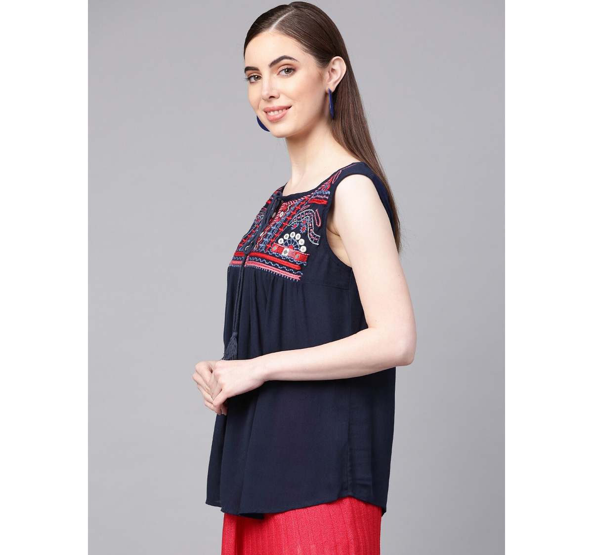 Women's  Navy Blue Embroidered Detail Solid A-Line Top - Wahe-NOOR