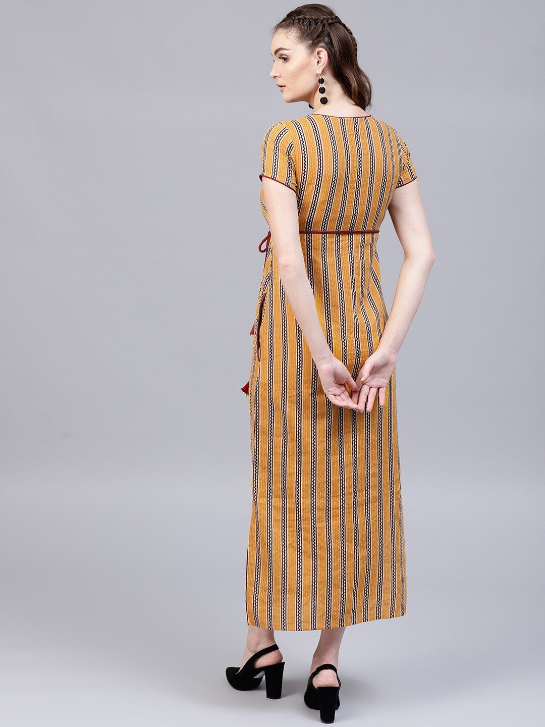 Women's  Mustard Yellow & Burgundy Striped Maxi Dress - AKS
