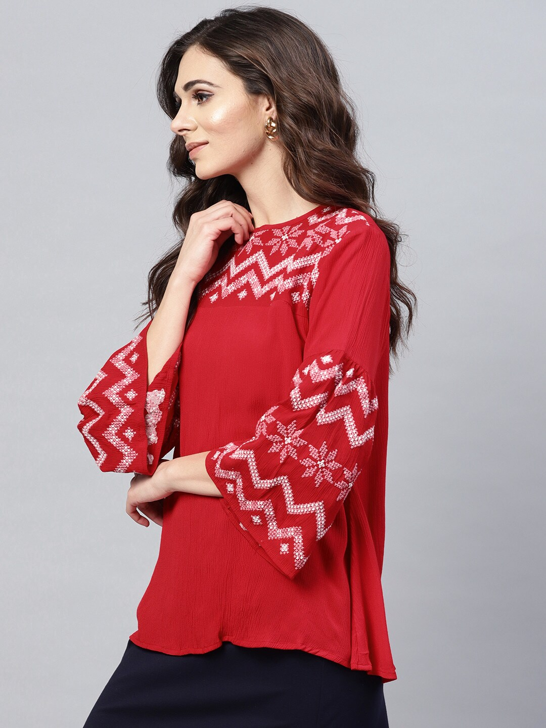 Women's  Red Embroidered Detail A-Line Top - Wahe-NOOR