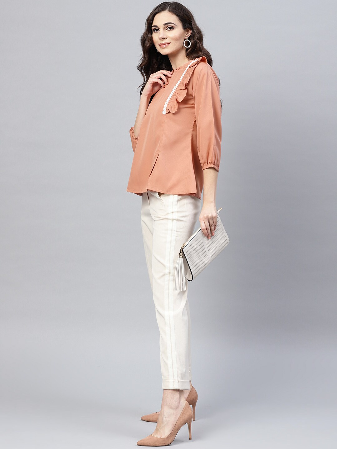 Women's  Peach-Coloured Solid A-Line Top - Wahe-NOOR