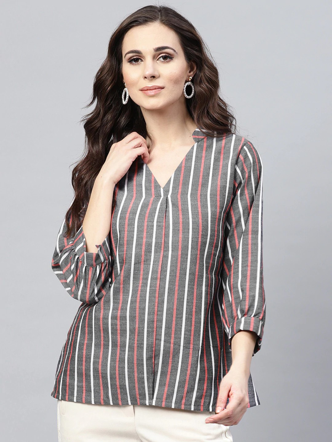 Women's  Charcoal Grey & Red Striped A-Line Top - Wahe-NOOR