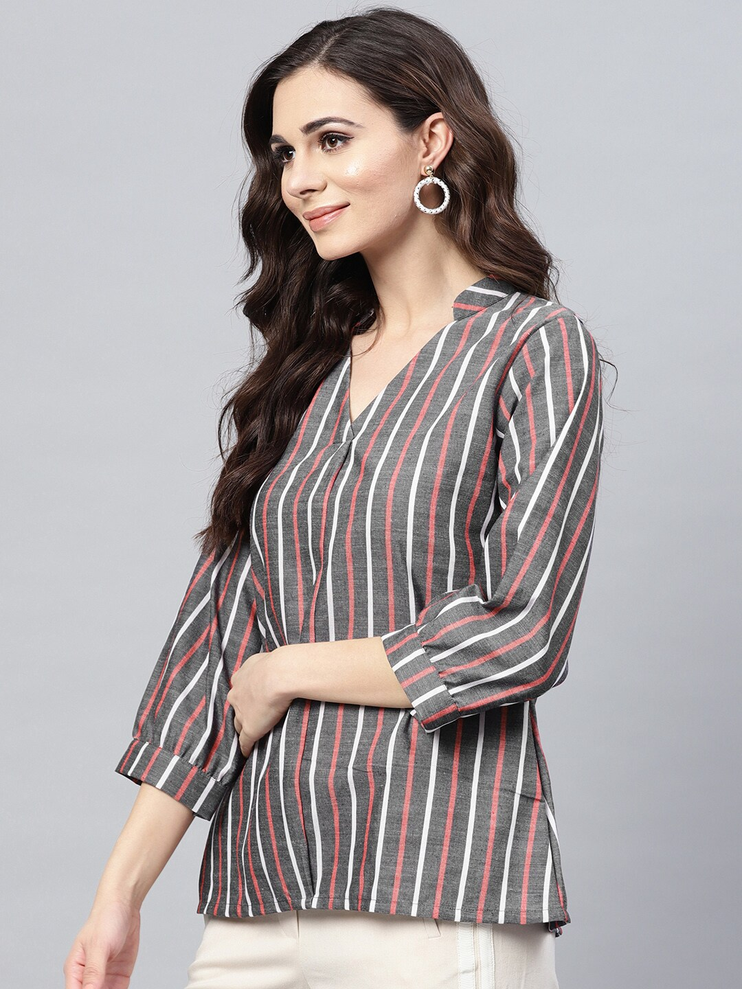 Women's  Charcoal Grey & Red Striped A-Line Top - Wahe-NOOR