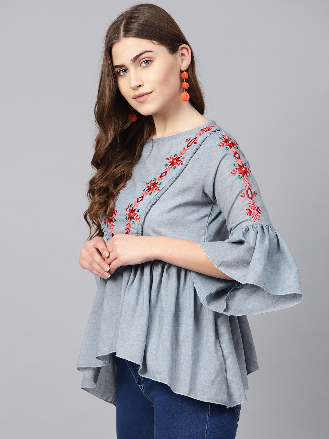 Women's  Blue & Red Embroidered Detail A-Line Top - Wahe-NOOR