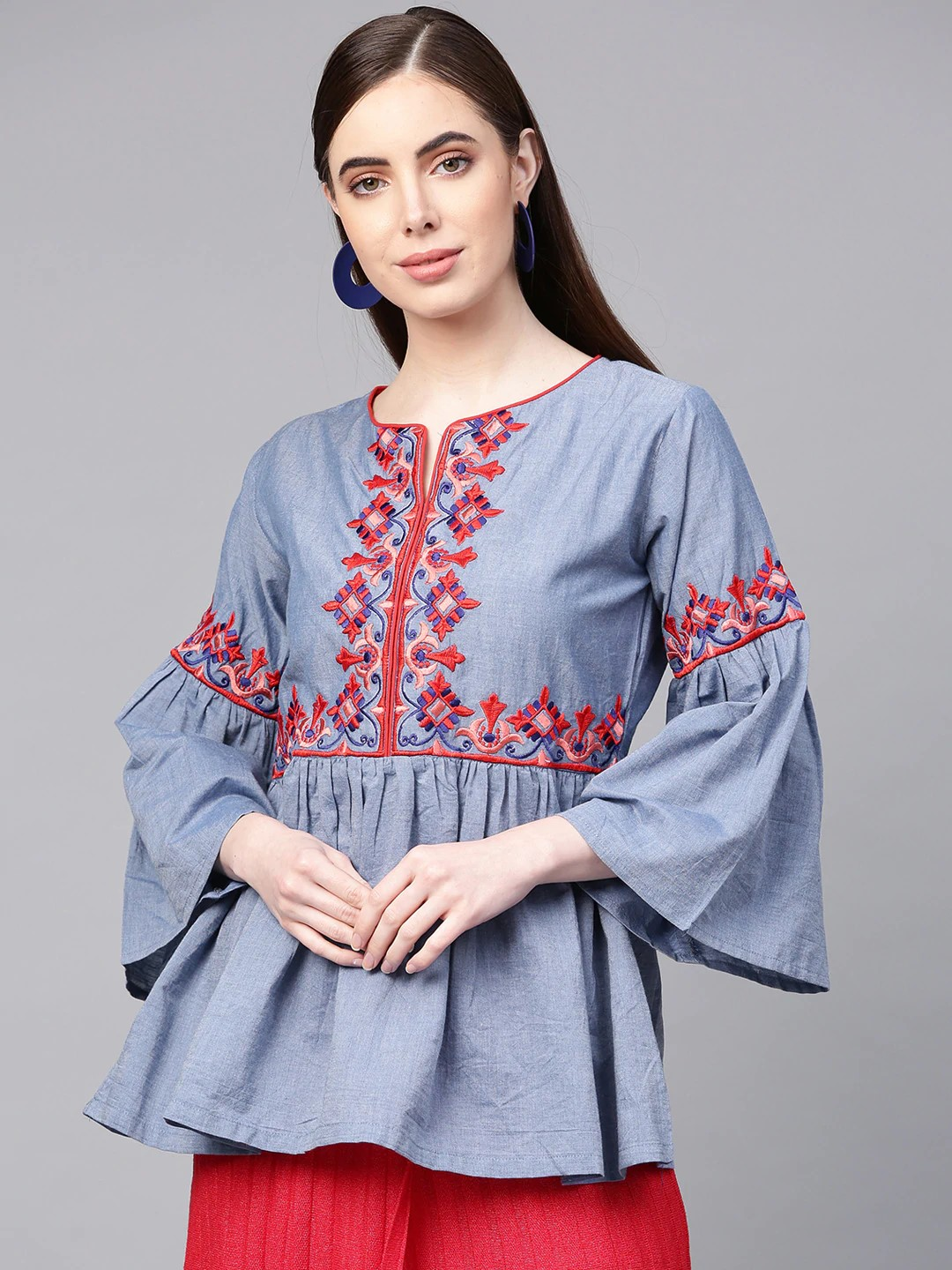 Women's  Blue Embroidered A-Line Top - Wahe-NOOR