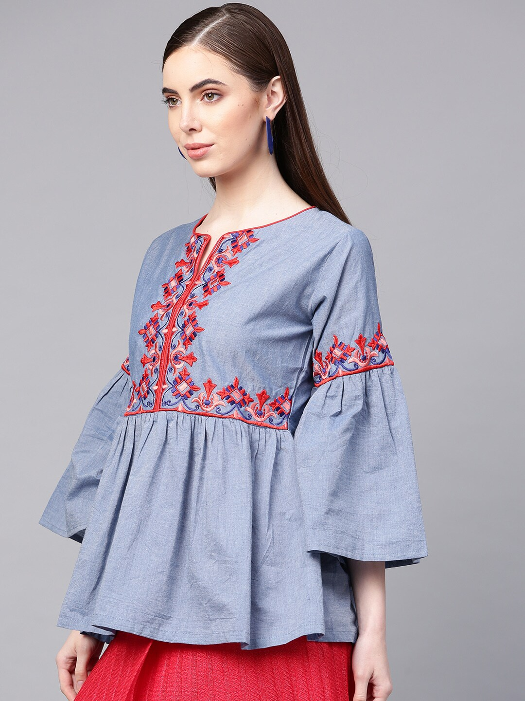 Women's  Blue Embroidered A-Line Top - Wahe-NOOR