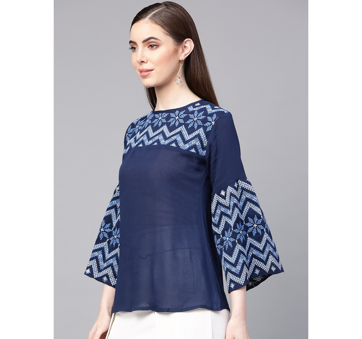 Women's  Navy Blue Embroidered Detail Top - Wahe-NOOR