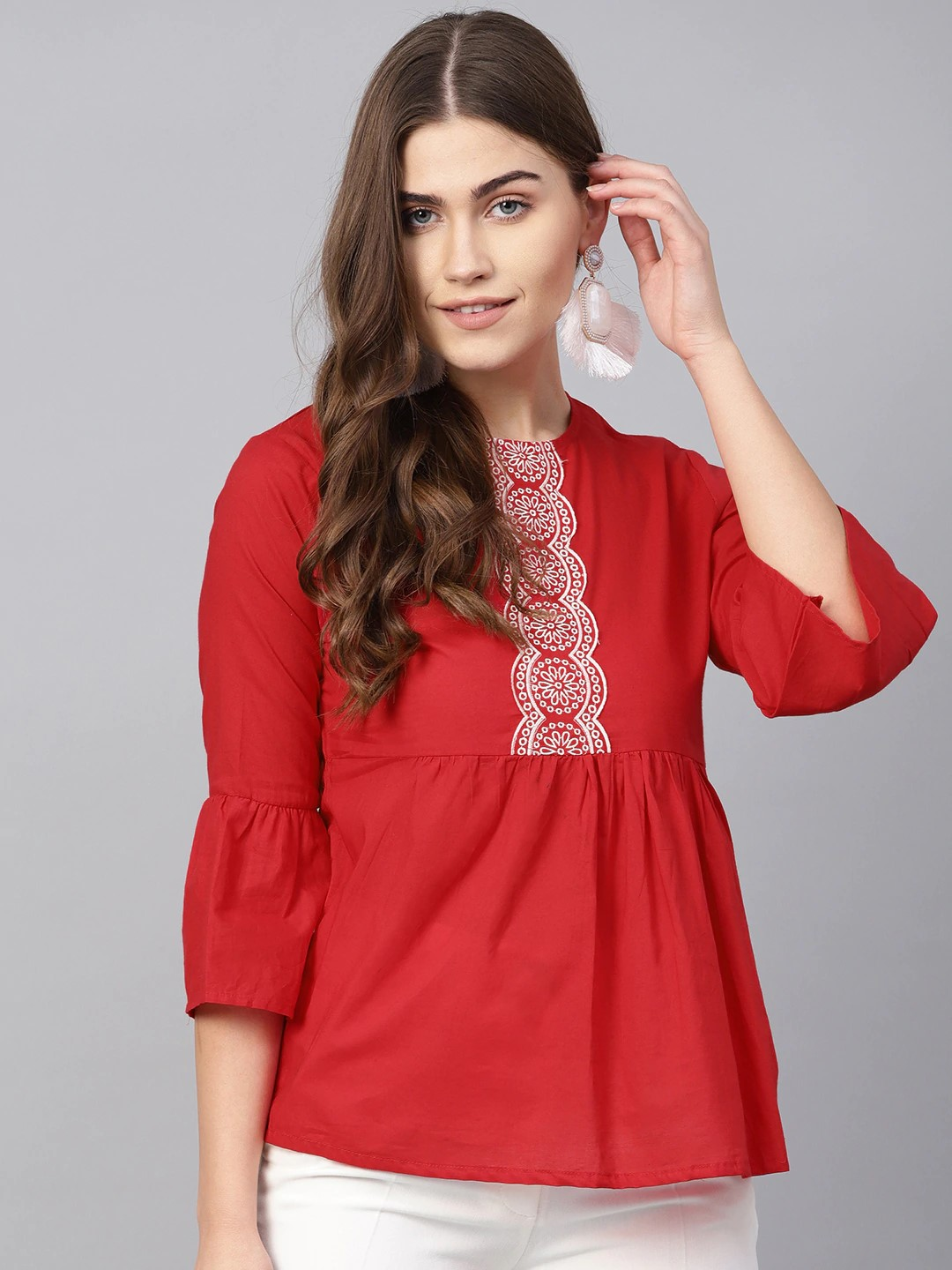 Women's  Red & White Embroidered Detail Empire Top - Wahe-NOOR