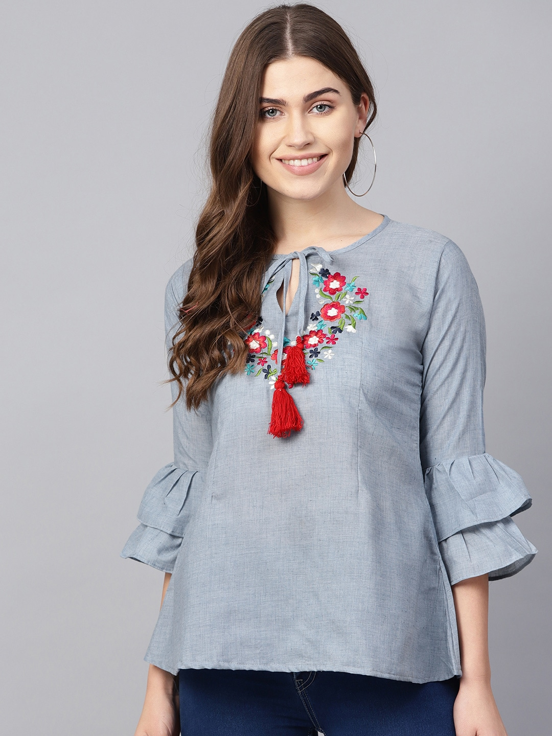 Women's  Blue Embroidered Detail Chambray A-Line Top - Wahe-NOOR