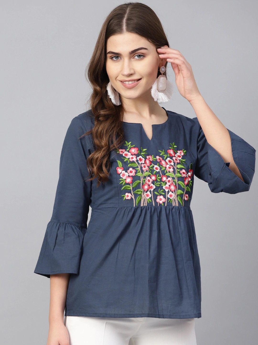 Women's  Navy Blue Embroidered Detail A-Line Top - Wahe-NOOR