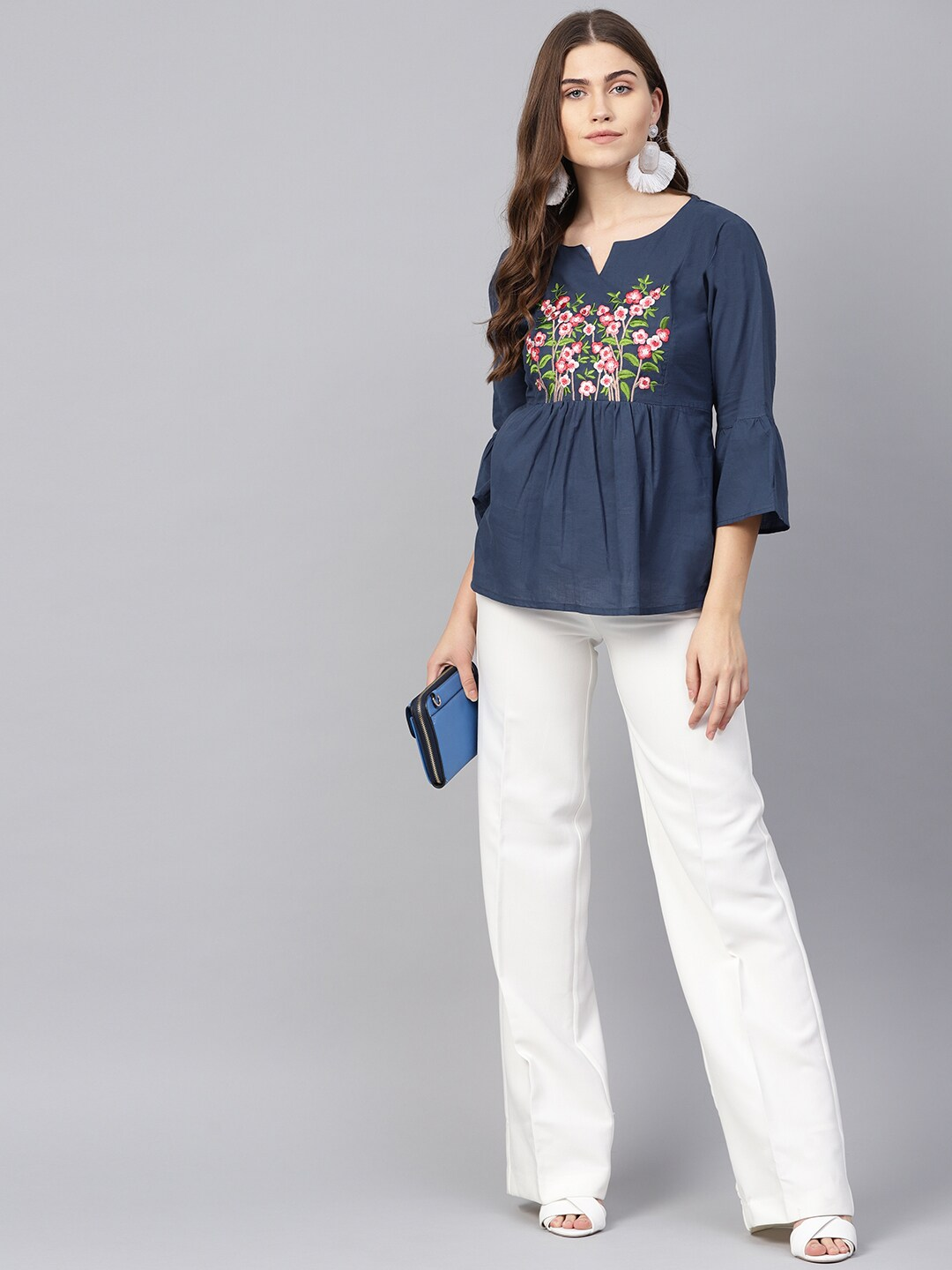 Women's  Navy Blue Embroidered Detail A-Line Top - Wahe-NOOR